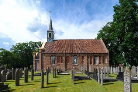 Brick church in a graveyard