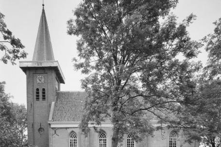 Black and white photo of a church