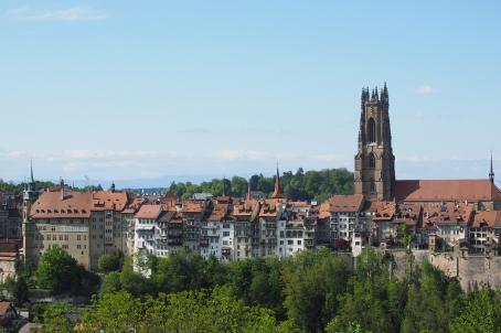 Europe, Switzerland, Freiburg, gruyere cheese, Les Grands-Chemins, church,  Église Saint Théodule, architecture, trees, buildings, historically, scener  Stock Photo - Alamy