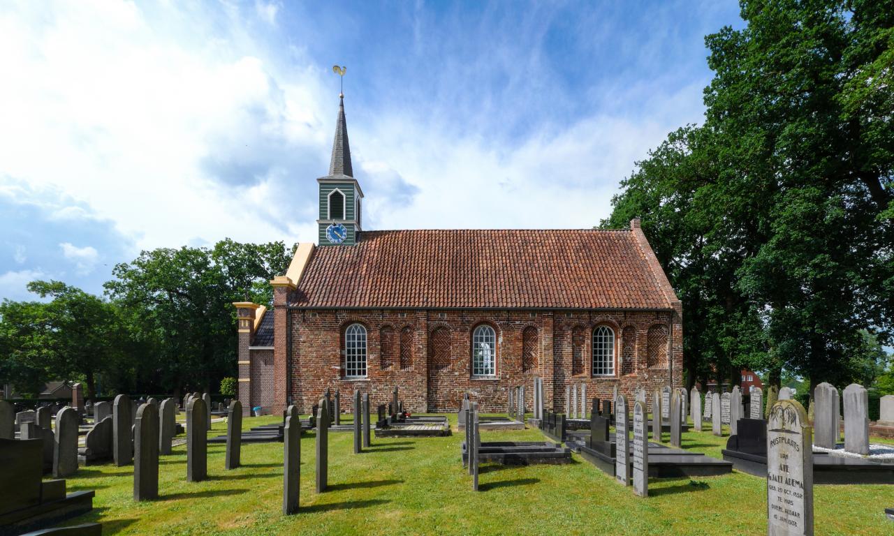 Brick church in a graveyard