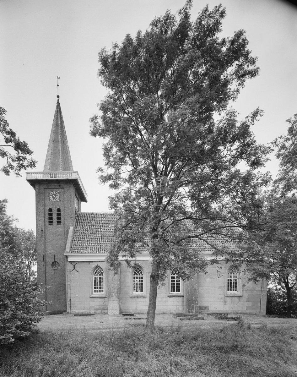 Black and white photo of a church