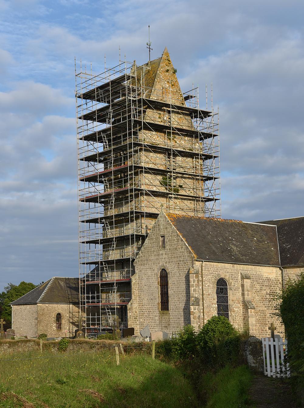 A church with a large tower